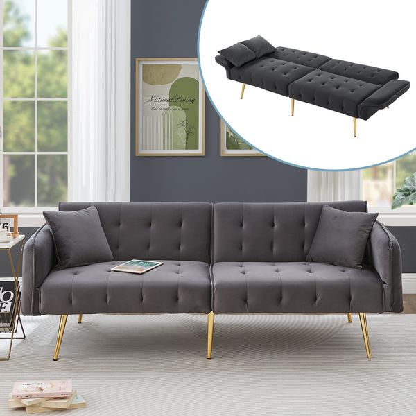 Sofabett 2-in-1 Samt,Zweisitzer mit verstellbarer Rückenlehne & Armlehnen, zum Gästebet,Grau