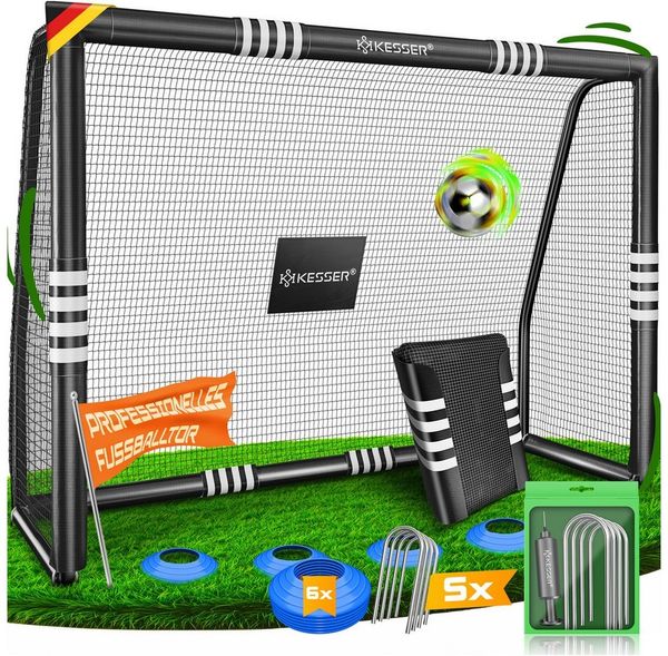 KESSER® Fußballtor mit Polsterung, Erdhaken, Luftpumpe & Hüttchen, Stahlrahmen schwarz, 180x120 cm