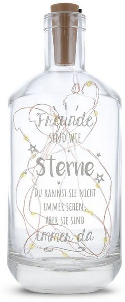 GRAVURZEILE Lichterkette Flasche mit Gravur - Freunde sind wie Sterne, 20 LEDs Lichterkette mit Schalter am Korken Drahtlichterkette