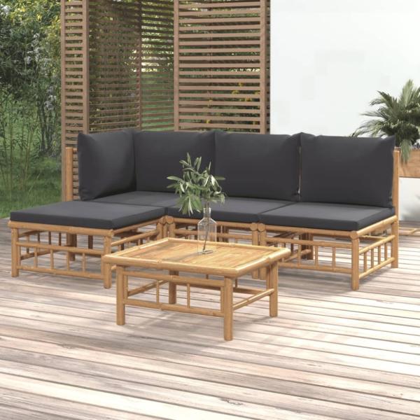 vidaXL 5-tlg. Garten-Lounge-Set mit Dunkelgrauen Kissen Bambus 3155209