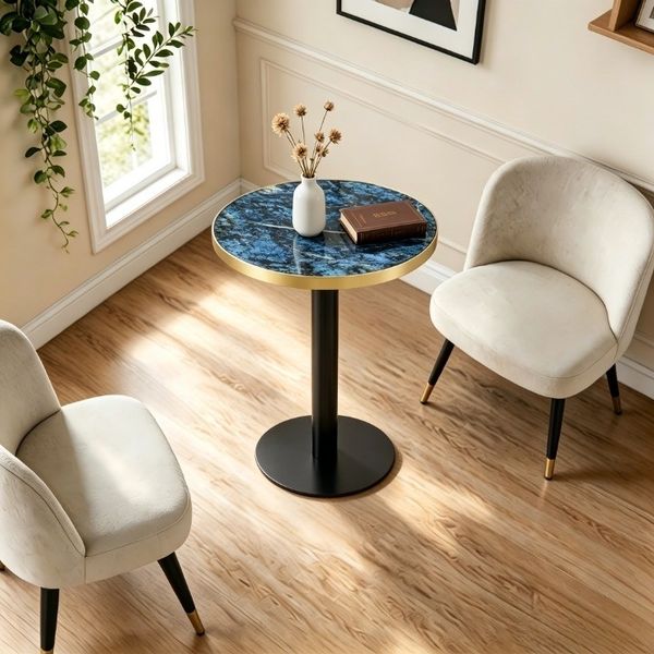 Moderner Runder Beistelltisch, Marmor-Optik Tischplatte mit Goldenem Rand, Stabiles Metallgestell in Schwarz/Gold, Ideal als Couchtisch, Nachttisch oder Balkontisch