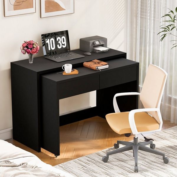 STILVORA Schreibtisch schwarz mit Kommode Computertisch ausziehbar Laptoptisch mit Rollen (1-St)
