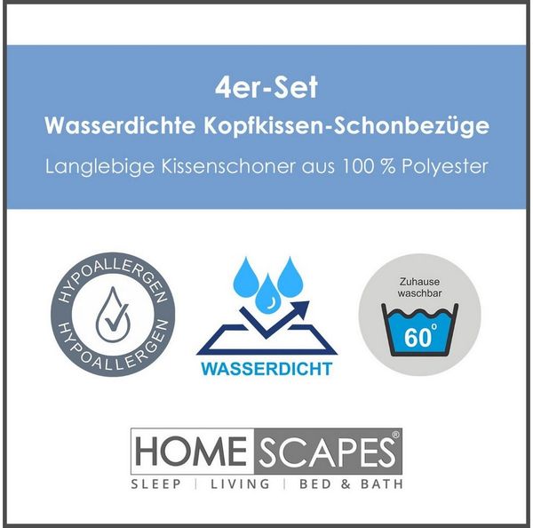 Homescapes Kissenbezüge 4er-Set wasserdichte Kopfkissen-Schonbezüge