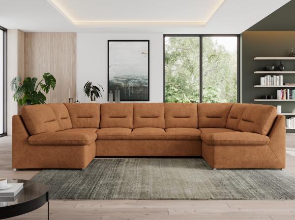 U-förmige Ecksofa, Bigsofa mit schlaffunktion, Wohnlandschaft XXL - MORBIDO U - Orange Stoff - Topper T25