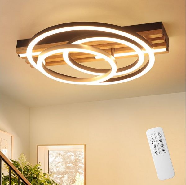Nettlife LED Deckenleuchte Dimmbar Holz 3 Ringe 46W Modern Deckenlampe 70cm Wohnzimmer, LED fest integriert, 1/2/3/4 Ringe für Schlafzimmer Büro Küche