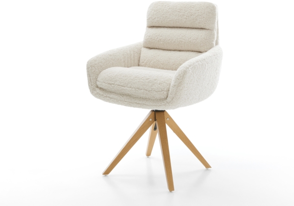 Drehstuhl Abelia-Flex mit Armlehnen Teddystoff Beige Holzgestell kantig Natur 180° drehbar