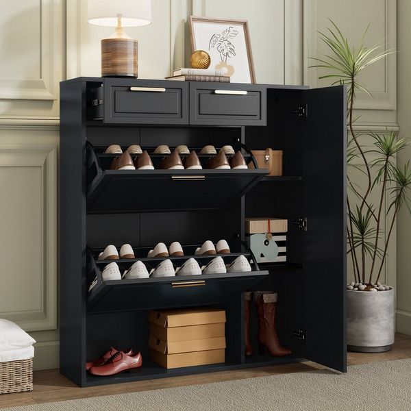 OKWISH Schuhschrank mit goldenen Griffen (Schuhregal, Schuhkommode, Klappschuhschrank, 1-St, 2 Schubladen, 3 Türen, 1 offene Fach) mit verstellbaren Regalen