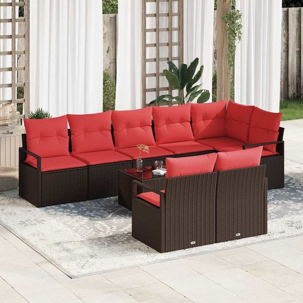 vidaXL Gartensofa-set mit Kissen 9 pcs Braun und Rot Poly-Rattan 3355113