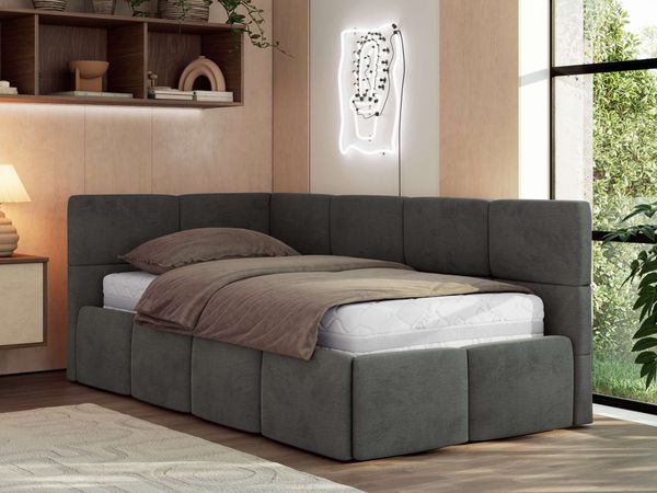 Jugendbett 90x200 ARVO Polsterbett mit Bettkasten, Stauraum & Gasdruckfeder, Modernes Design mit Kopfteil - Dunkelgrau Velvet - Links Seite