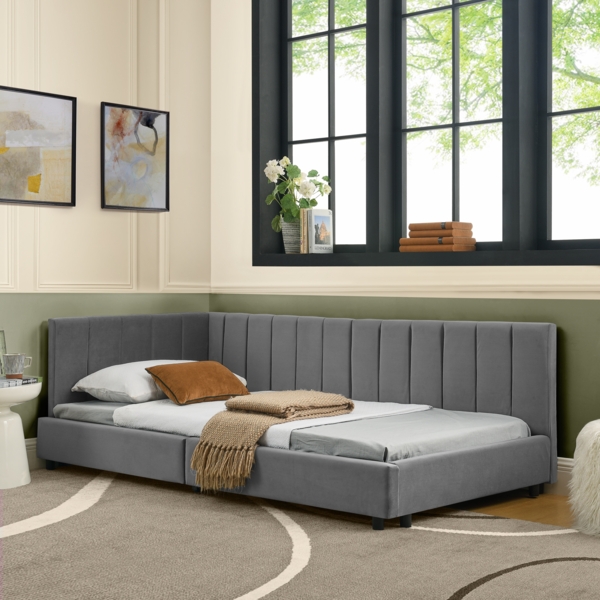 Polsterbett 90x200 cm mit hoher Rückenlehne, Velvet Bezug, dunkelgrau, stabiler Metallrahmen, Eukalyptusholz Bild 2