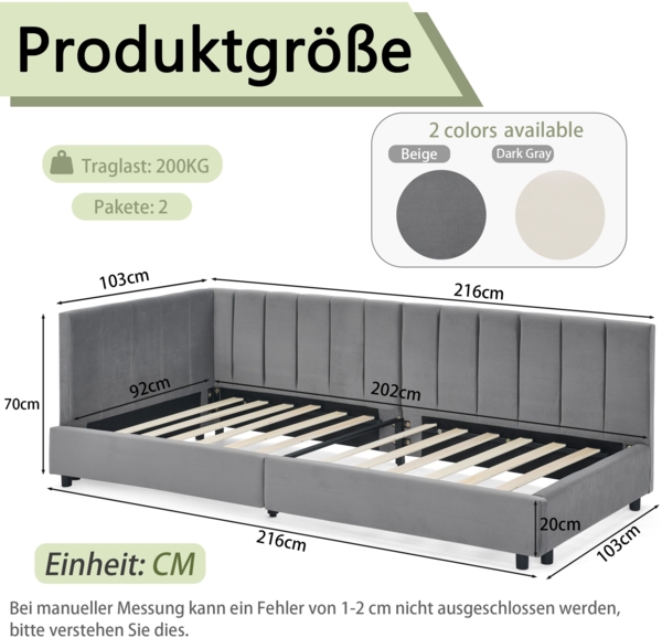 Polsterbett 90x200 cm mit hoher Rückenlehne, Velvet Bezug, dunkelgrau, stabiler Metallrahmen, Eukalyptusholz Bild 8