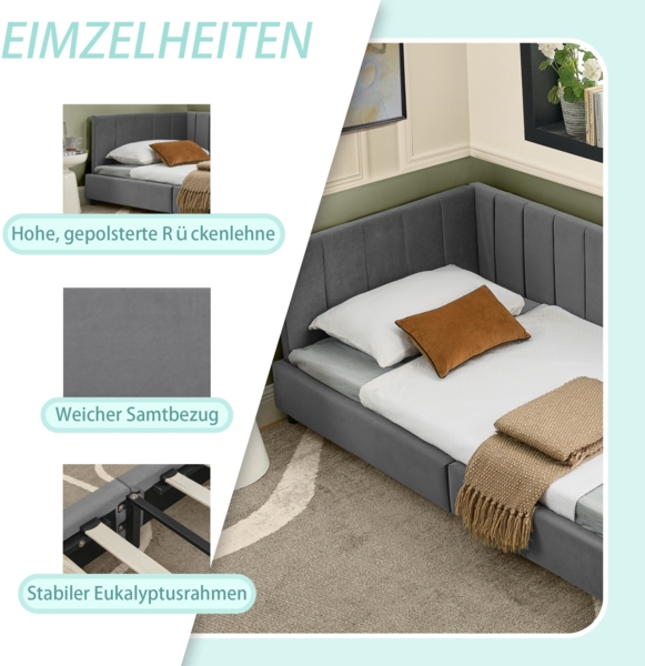 Polsterbett 90x200 cm mit hoher Rückenlehne, Velvet Bezug, dunkelgrau, stabiler Metallrahmen, Eukalyptusholz Bild 7