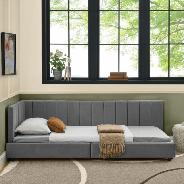 Polsterbett 90x200 cm mit hoher Rückenlehne, Velvet Bezug, dunkelgrau, stabiler Metallrahmen, Eukalyptusholz Bild 3