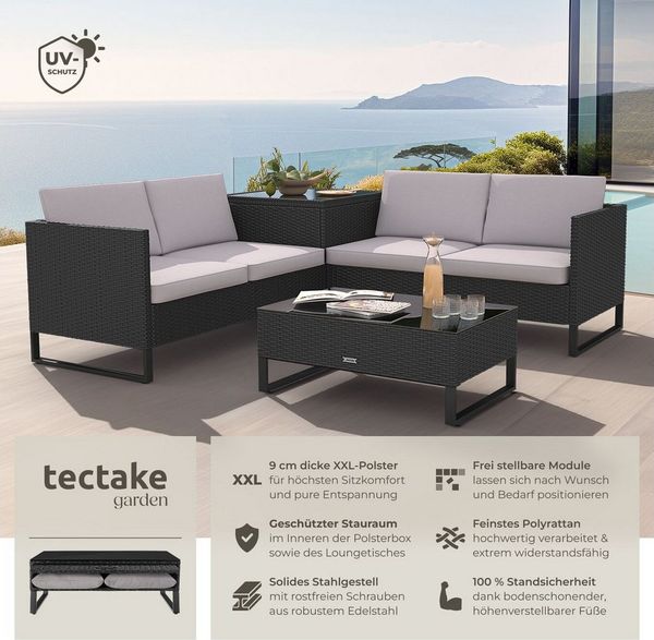 tectake Loungeset Rattan Sitzgruppe inkl. großer Aufbewahrungsbox, für 4 Personen, (Gartenlounge-set Ostuni, 4-tlg, geeignet für Outdoor in Schwarz), widerstandsfähig und UV-beständig, Dicke der Polster 9 cm