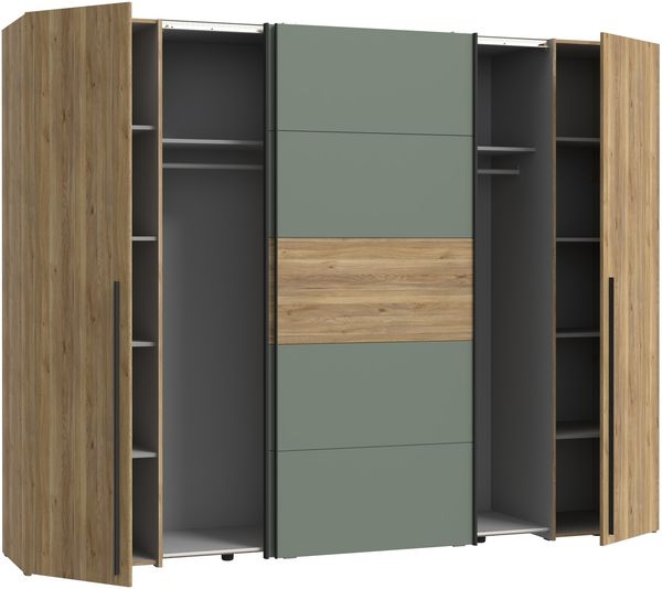 Dreh-/Schwebetürenschrank >NARAGO< 10 Böden, 2 Stangen, Salbei / Eiche Dekor - 270,3x210,5x61,2cm (BxHxT) Bild 5