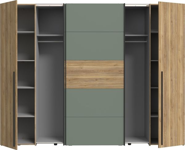 Dreh-/Schwebetürenschrank >NARAGO< 10 Böden, 2 Stangen, Salbei / Eiche Dekor - 270,3x210,5x61,2cm (BxHxT) Bild 4