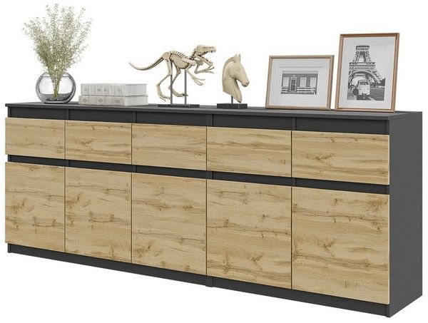 Furnica Kommode NOAH, 5 Schubladen und 5 Türen - Anthrazit Grau H75cm B200cm T35cm