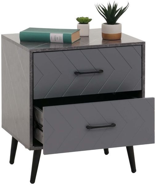 Nachttisch HWC-N89, Beistelltisch Nachtschrank, Schublade Fischgrätenmuster Melamin Holz, 55x48x40cm ~ Marmor-Optik grau Bild 8