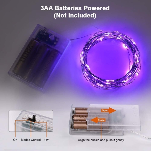 ABC Lila Halloween-Lichterkette, 2er-Pack, 6 m, 60 LEDs, batteriebetrieben, wasserdichter Silberdraht, für Weihnachtsdekorationen, Halloween, Schlafzimmer, Hochzeiten und Partydekorationen Bild 4