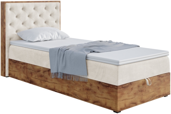 MEBLINI Boxspringbett LOFTY 3 90x200 cm mit Bettkasten - H3/Creme Samt Gepolstert Einzelbett mit Topper & Bonellfederkern-Matratze