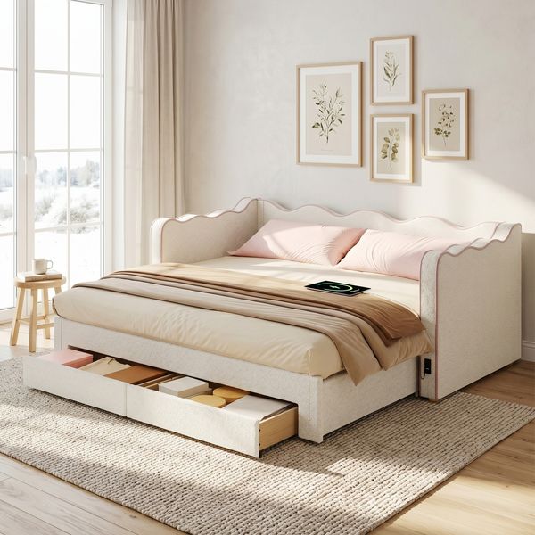 Merax Polsterbett, 90x200 cm Daybett, Tagesbett, Sofabett, mit 2 Schubladen für Stauraum, Schlafsofa, Tagbett, ausziehbar auf 180 cm, mit USB-Anschluss, bouclé, beige