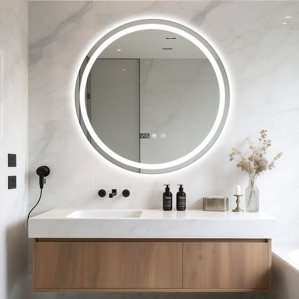 Rutaqian Wandspiegel Badspiegel mit LED Beleuchtung, 60cm Runder Badezimmerspiegel, LED-Spiegel mit Antibeschlag, Temperaturanzeige & Touch-Sensor