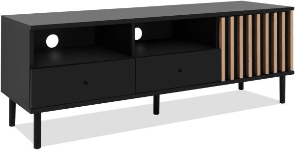 Lowboard >Monza< 1 Türe, 2 Schubladen, 2 Fächer, Kabeldurchlass, 3D-Lamellen-Optik, in schwarz / Dekor Artisan Eiche - 138x49x40cm (BxHxT)