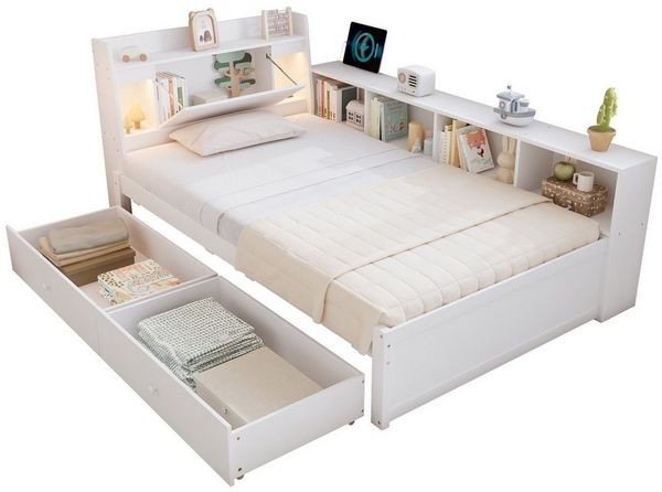 REDOM Kinderbett Polsterbett mit Stauraum, Kopfteil und 2 LED-Leuchten (integrierte Ladebuchse, seitliche Schränke & Schubladen aus Kiefer, Spanplatte & MDF, 90x200 cm), ohne Matratze
