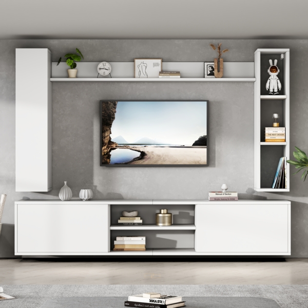 Merax 180cm TV Wohnwand-set mit Vitrinen (Komplett-Set, 4-St), Mediawand inkl. TV-Board, Standregal und 2 Wandregal,TV Wohnzimmermöbel-Set, TV-Schrank, stehend&hängend,TV bis 80', Weiß