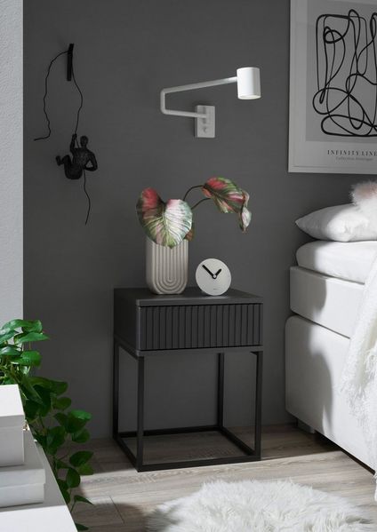Stella Trading Marle Nachttisch in Graphit - Moderner Nachtschrank mit Schublade und schwarzem Metallgestell - 40 x 52 x 38,5 cm (B/H/T)