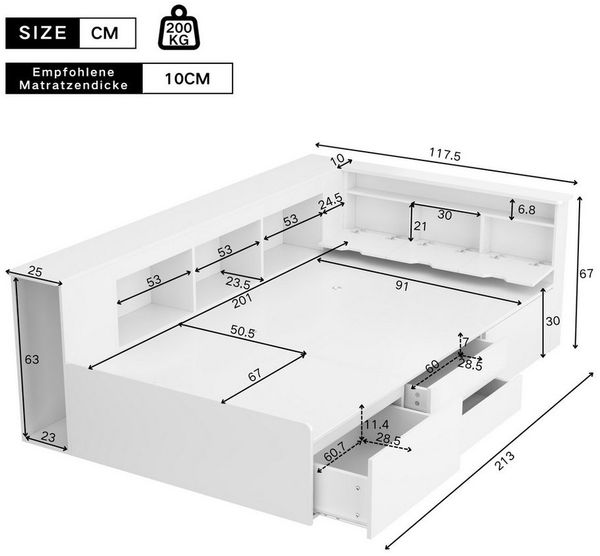Ulife Kinderbett Jugendbett, Einzelbett mit Schubladen,Bücherregal und Stauschrank (Ohne Matratze), 90x200cm