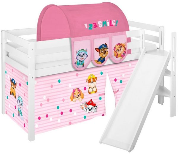 Lilokids Kinderbett Hochbett JELLE mit schräger Rutsche & Vorhang PAW PATROL 190x90 cm