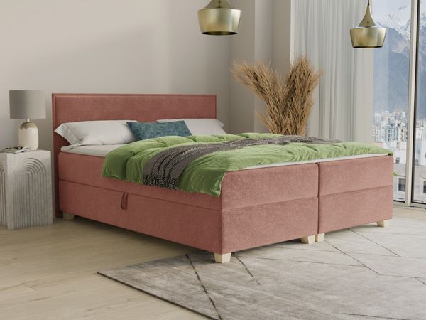 Boxspringbett Fren mit 2 Bettkästen - Doppelbett mit Bonell-Matratze und Topper, Polsterbett, Bett mit Holzfüße, Schlafzimmer (Pink (Kronos 29), 160 x 200 cm)