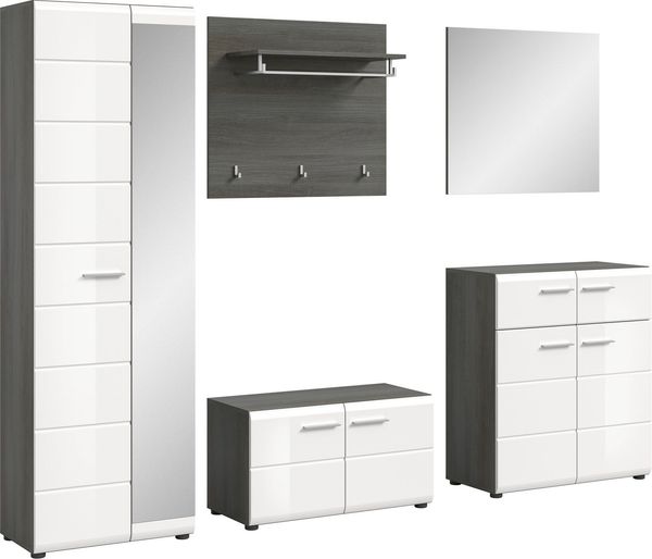 INOSIGN Garderoben-Set Rumba, 5-teilig, Breite 250 cm, Hochglanz Front, bestehend aus:, (5-St), Garderobenschrank, Sitzbank, Garderobenpaneel, Schuhschrank, Spiegel