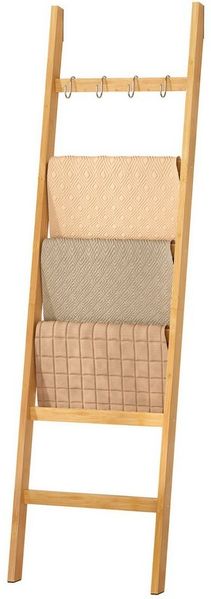 Yorbay Handtuchleiter Handtuchhalter Bambus, 6 Ebenen Leiterregal, 5 Haken und 2 Sicherheitsgurten, 60x170 cm, für Bad, Wohnzimmer