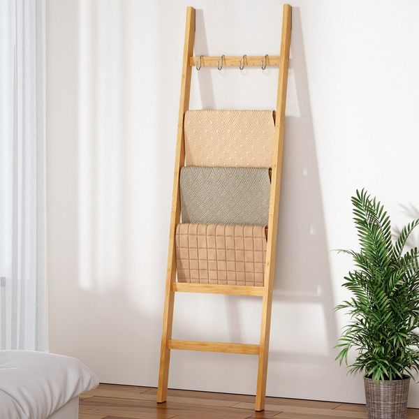 Yorbay Handtuchleiter Handtuchhalter Bambus, 6 Ebenen Leiterregal, 4 Haken und 2 Sicherheitsgurten, 43x170 cm, für Bad, Wohnzimmer