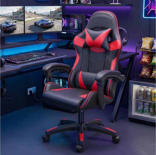 oyajia Gaming-Stuhl Gaming Stuhl, Bürostuhl Ergonomisch Wippfunktion bis zu 135° (mit Kopfstütze und Lendenkissen), Rückenlehne und Sitzfläche kippbar,Gamingstuhl mit Höhenverstellung