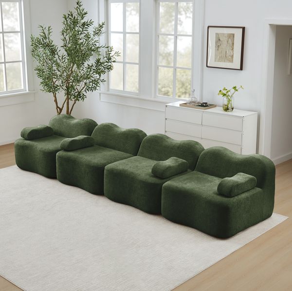 Modulares Wohnzimmersofa aus Samt, Wellenform, 384x98x70 cm, grün
