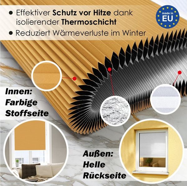 DomDeco Wabenplissee Thermo Plissee ohne Bohren - Hitzeschutz, Verdunkelung, verspannt, abdunkelnd, Klemmfix, stufenlos, kälteschutz, modernes Fensterplissee