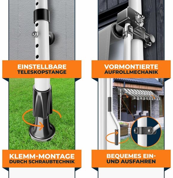 KESSER® Klemmmarkise mit Handkurbel & LED Lichterkette | Balkonmarkise ohne Bohren | Markise UV-beständig höhenverstellbar & wasserabweisend | Sonnenschutz für Balkon Terrasse & Garten Weiß / Grau, 150 cm Bild 3