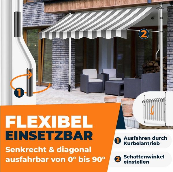 KESSER® Klemmmarkise mit Handkurbel & LED Lichterkette | Balkonmarkise ohne Bohren | Markise UV-beständig höhenverstellbar & wasserabweisend | Sonnenschutz für Balkon Terrasse & Garten Weiß / Grau, 150 cm Bild 2