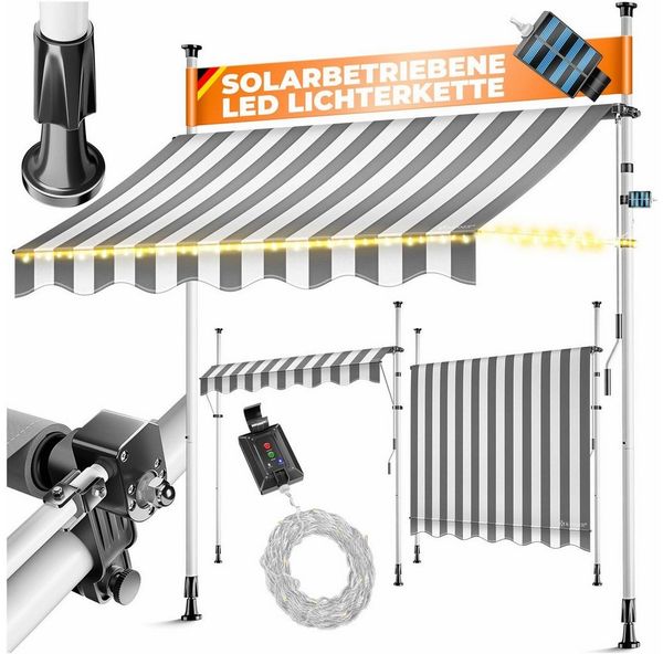 KESSER® Klemmmarkise mit Handkurbel & LED Lichterkette | Balkonmarkise ohne Bohren | Markise UV-beständig höhenverstellbar & wasserabweisend | Sonnenschutz für Balkon Terrasse & Garten Weiß / Grau, 300cm