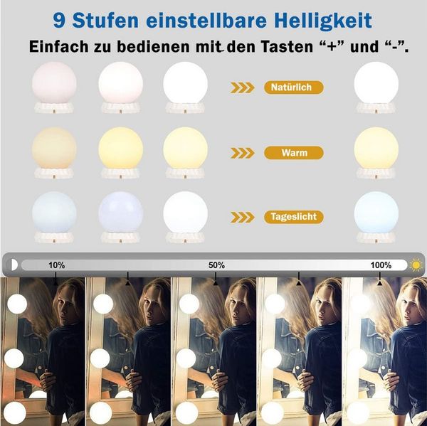 TUWENA LED-Lichtspiegel 3 Farben LED Spiegelleuchte, 9 Helligkeiten Dimmbar Schminklicht (10-St), Schminklicht Spiegellampe, Schminktisch Leuchte mit USB Kabel