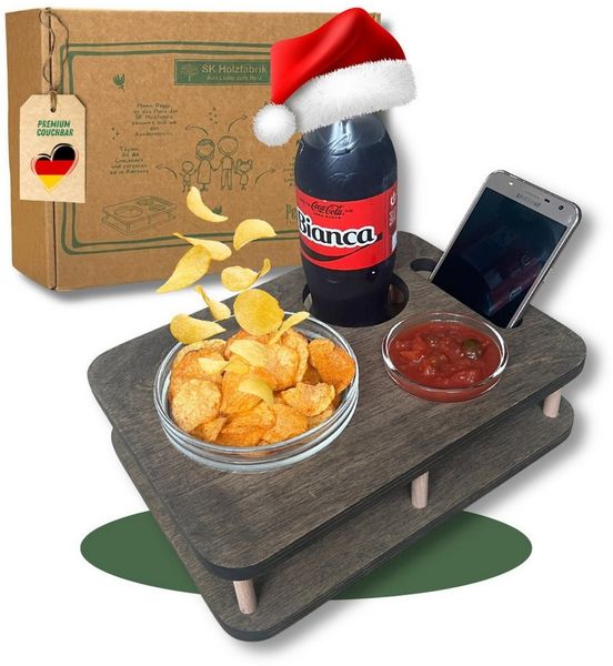 PEGSEN Tablett Couchbar Snackbox YOLO mit 2 Snackschalen Sofatablett, Multiplex Birkenholz, (Set, 3-tlg, Couchbar + 2 lebensmittelechte Glasschalen), alles steht sicher & stabil, vielseitig nutzbar, ideal für Sofa & Bett