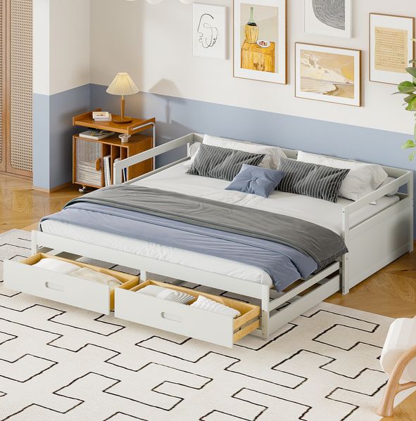Schlafsofa Weiß Ausziehbar 90-180x200 Massivkiefer Schubladen Stauraum Platzsparend Gästebett Wohnzimmer