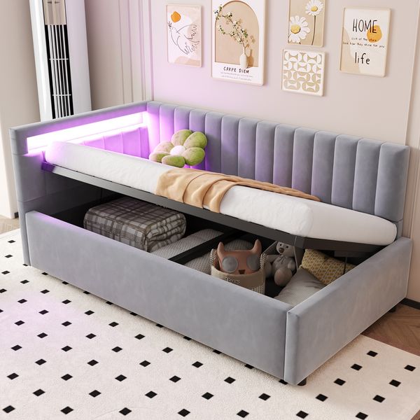 Polsterbett Schlafsofa, Samt mit LED-Kopfteil & Stauraum, 90x200 cm, Grau, ohne Matratze