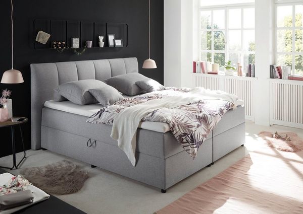 Bega 'Granada 2' Boxspringbett mit Bettkästen, Taschenfederkern-Matratze & Topper, Stoff grau, 180x200 cm
