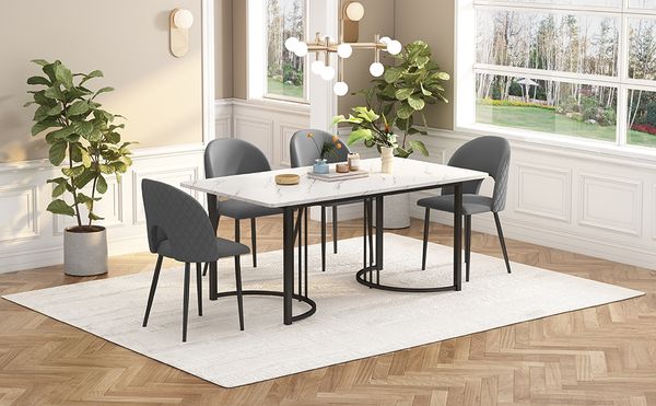 Esstisch 140x80x75 cm mit 4 Samtstühlen Grau – 5-teiliges Set, MDF-Tischplatte mit Marmor-Optik, verstellbare Beine,weiß und grau