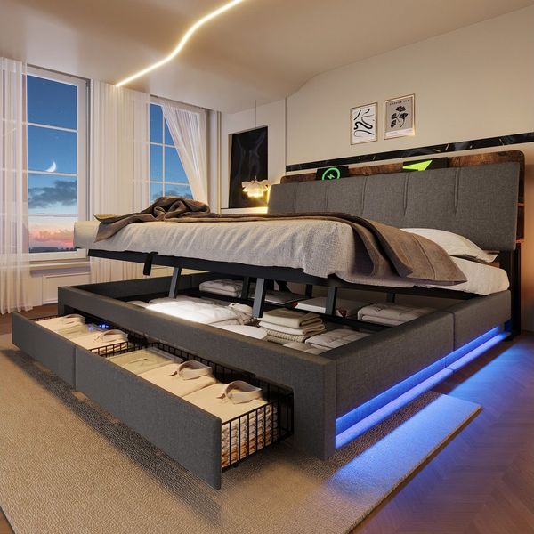 Merax Polsterbett mit LED-Beleuchtung, USB & Typ-C (1-tlg), Doppelbett 180x200 cm mit hydraulischem Stauraum & 2 Schubladen, Leinen