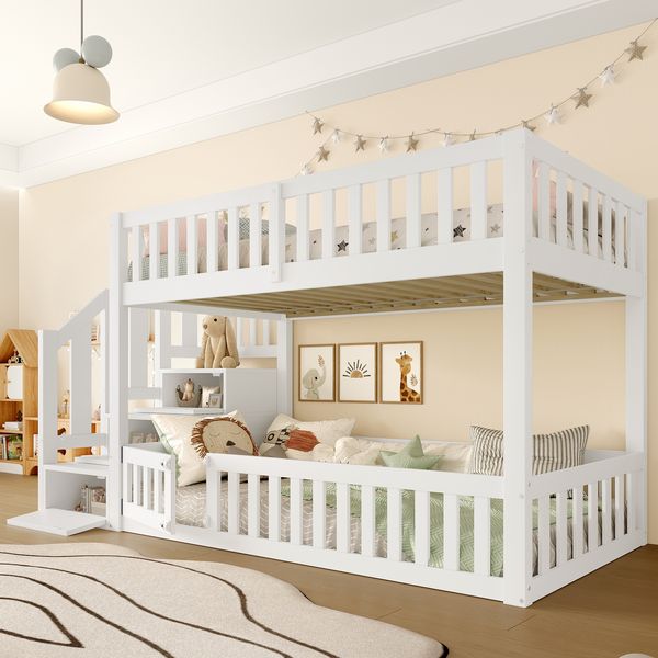 Etagenbett 90x200 Kinderbett mit Leiter, Stauraum und Sicherheitsgeländer, aus Massivholz und MDF, weiß
